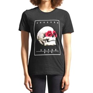 LEGENDS Never Die Black Skull Printed/Red Roses Graphic T-Shirt Unisex Medium
